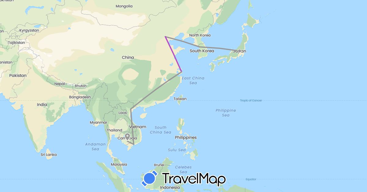 TravelMap itinerary: driving, plane, train in China, Japan, Cambodia, South Korea, Vietnam (Asia)